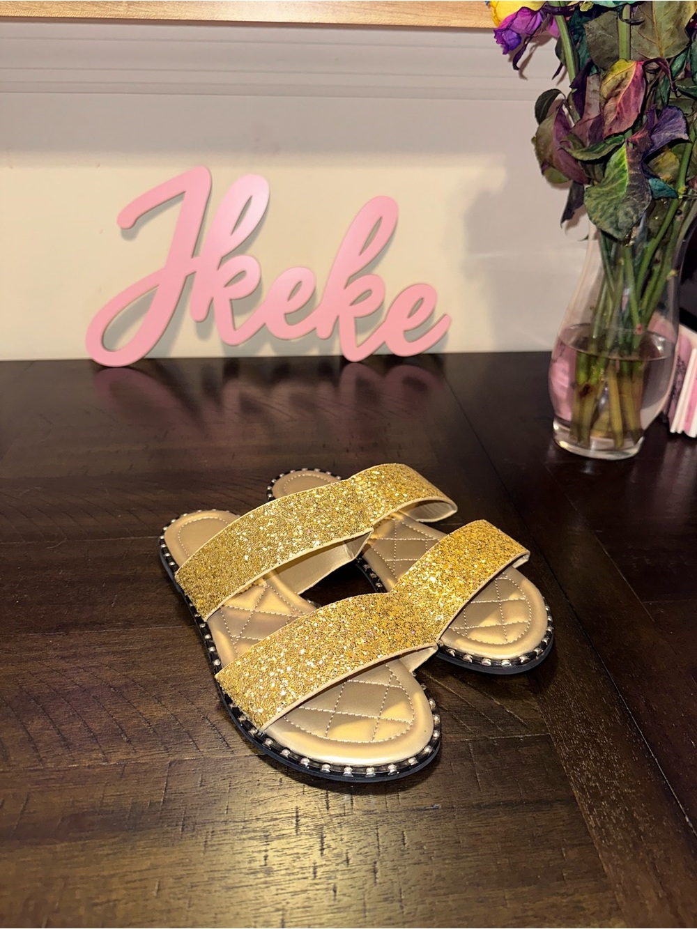 Gold Glitter Double-Strap Slide Sandals - Women's sizes 7, 8, 9